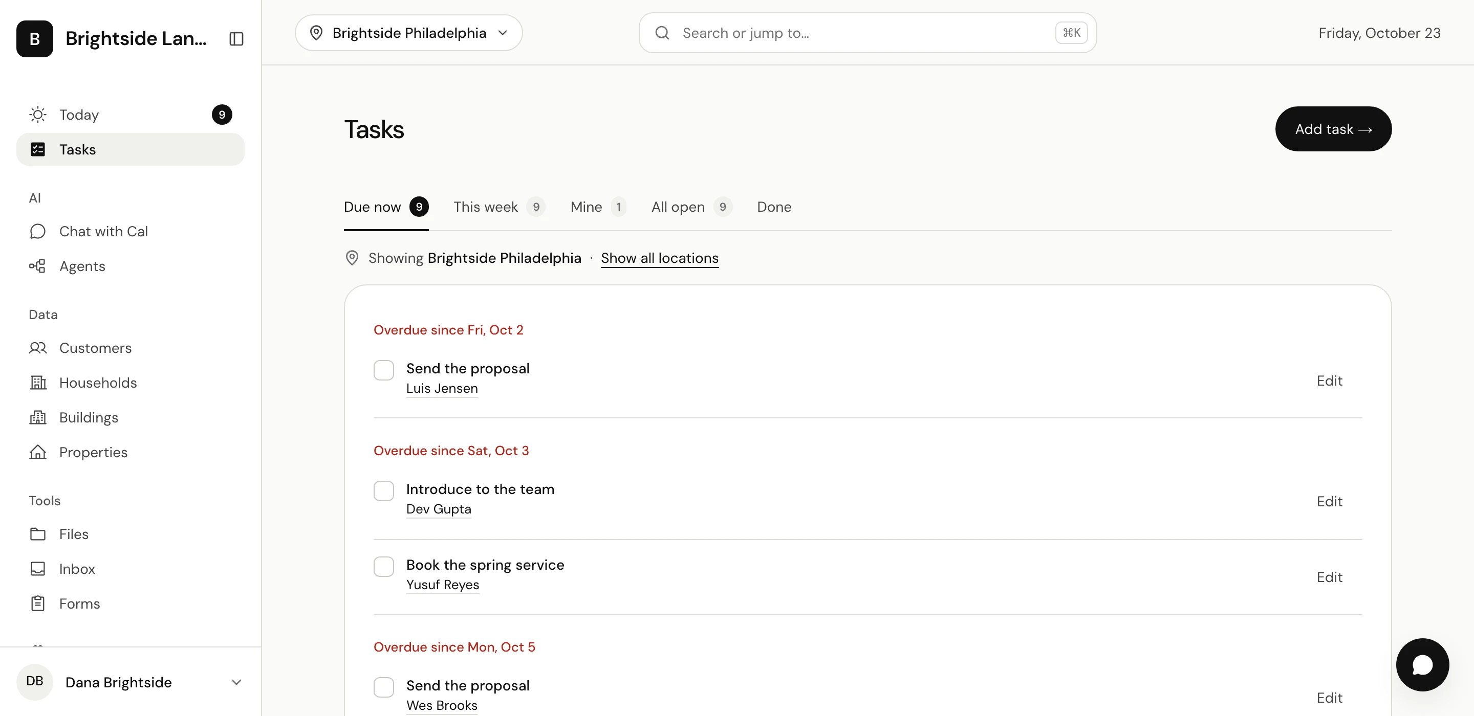 CalOS Tasks: overdue follow-ups grouped by the day they were due.