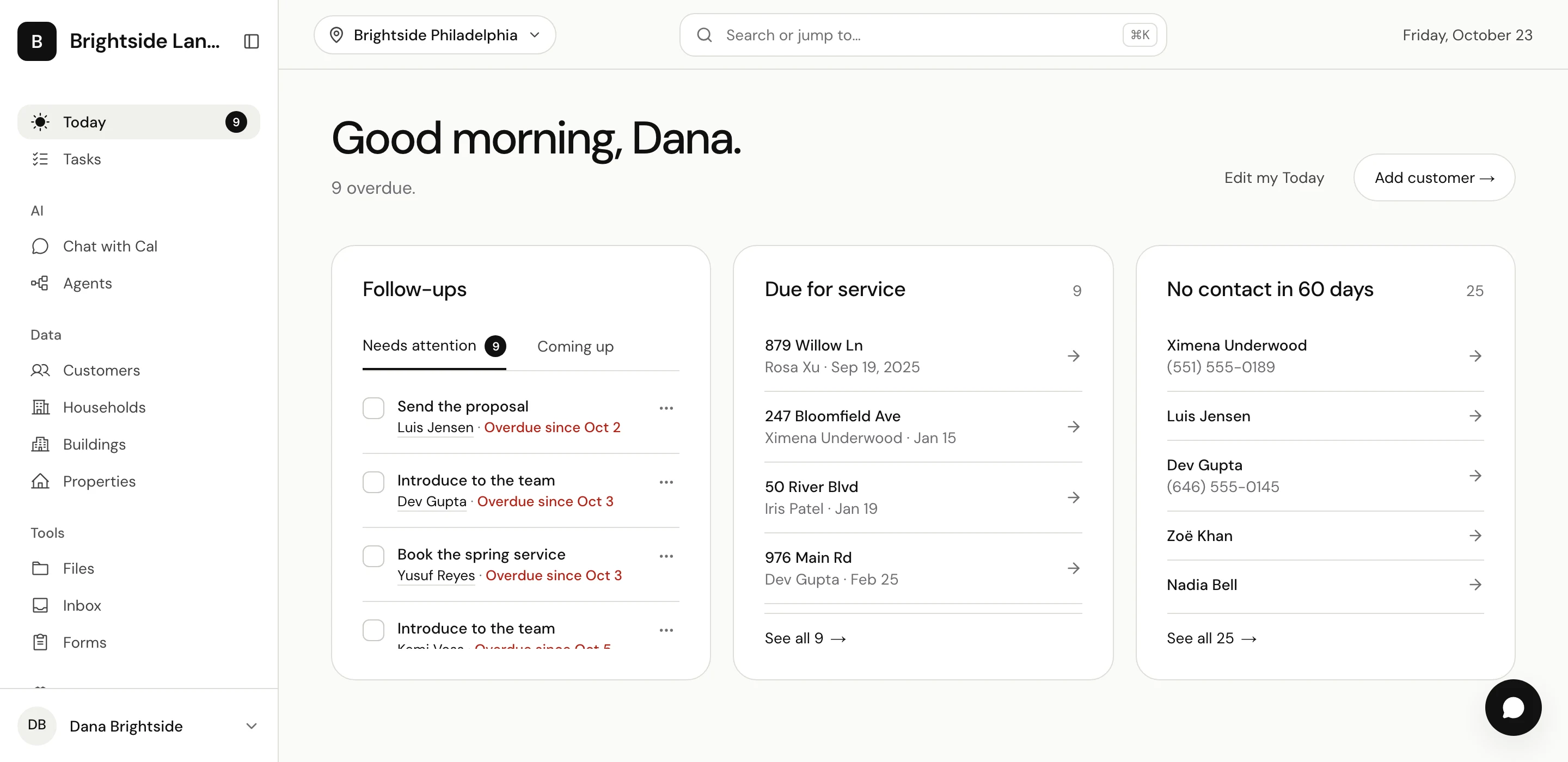 CalOS Today: follow-ups, properties due for service, and customers with no contact in 60 days.